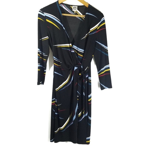 Anne Klein Black Wrap Long Sleeves Dress Size 4 - Picture 2 of 5